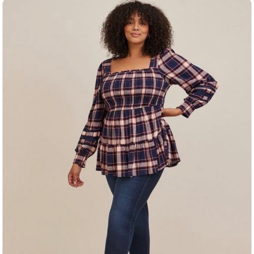Torrid Plus Size 2 Navy Pink Plaid Smocked Babydoll Tiered Sleeve Top Grunge 2X
